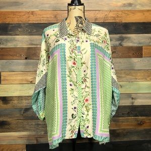 Johnny Was Small Silk Button Down Shirt 3/4 Sleeve